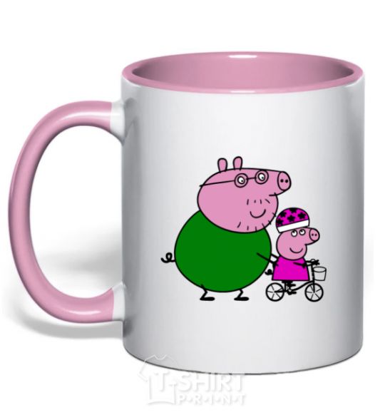 Mug with a colored handle Papa Pig teaches how to ride a bike. light-pink фото