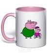 Mug with a colored handle Papa Pig teaches how to ride a bike. light-pink фото