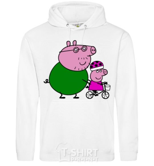 Men`s hoodie Papa Pig teaches how to ride a bike. White фото