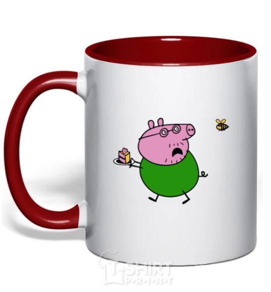 Mug with a colored handle Papa Pig and cake red фото