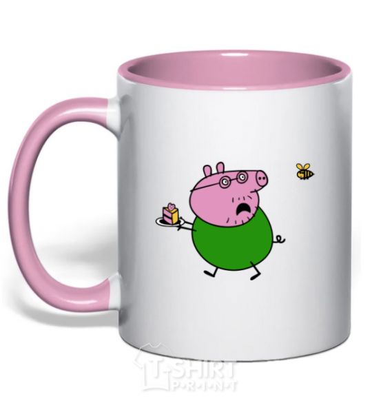 Mug with a colored handle Papa Pig and cake light-pink фото