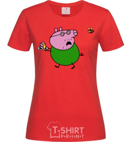 Women's T-shirt Papa Pig and cake red фото