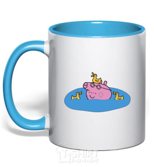 Mug with a colored handle Papa Pig and the Ducks sky-blue фото