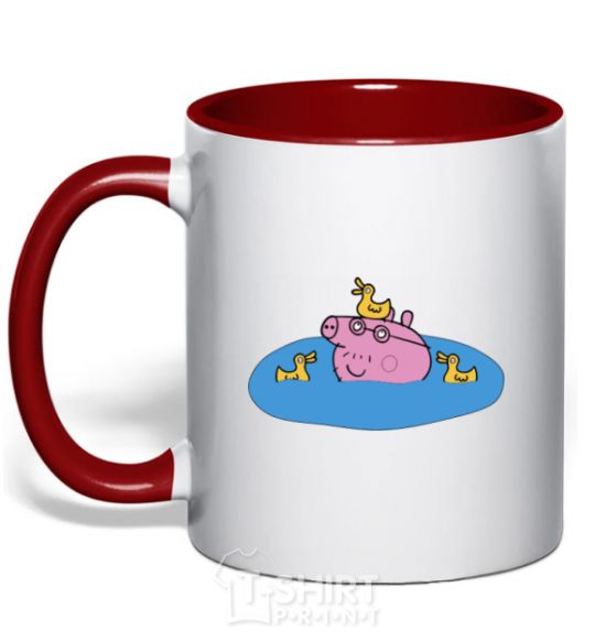 Mug with a colored handle Papa Pig and the Ducks red фото