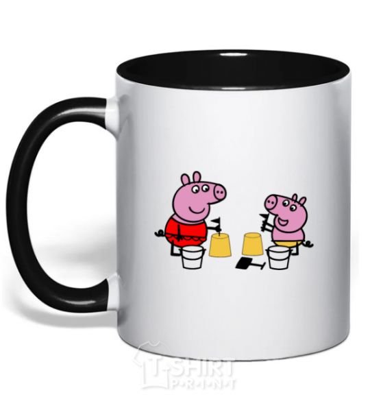 Mug with a colored handle Peppa and George at the beach black фото