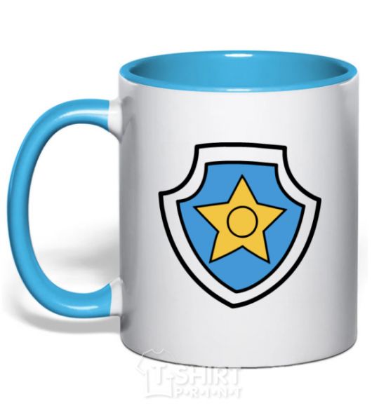 Mug with a colored handle Racer's badge sky-blue фото