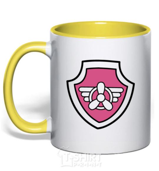 Mug with a colored handle Sky's badge yellow фото