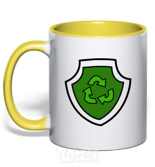 Mug with a colored handle Rocky's badge yellow фото