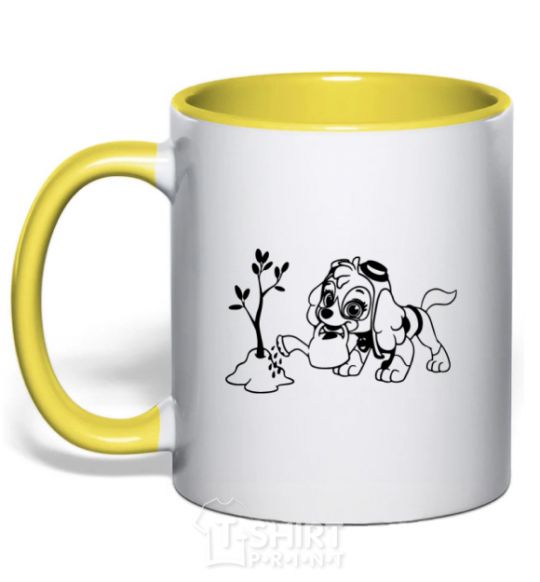 Mug with a colored handle Skye's watering the tree yellow фото