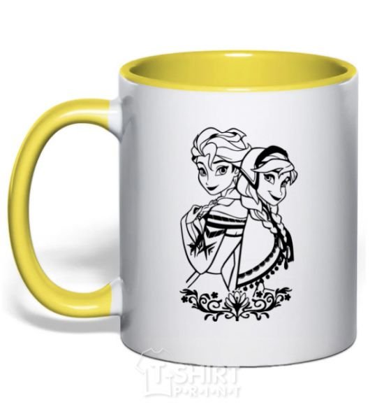 Mug with a colored handle Anna and Elsa pattern yellow фото