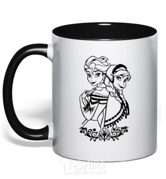 Mug with a colored handle Anna and Elsa pattern black фото