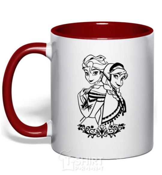 Mug with a colored handle Anna and Elsa pattern red фото