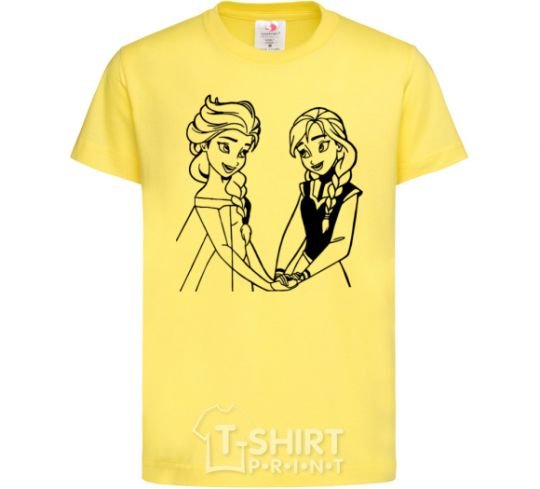 Kids T-shirt Elsa and Anna holding hands cornsilk фото