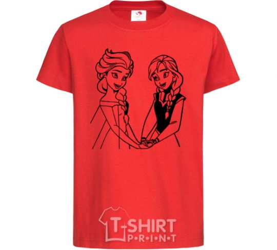 Kids T-shirt Elsa and Anna holding hands red фото