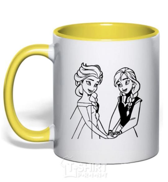 Чашка с цветной ручкой Эльза и Анна держаться за руки Солнечно желтый фото