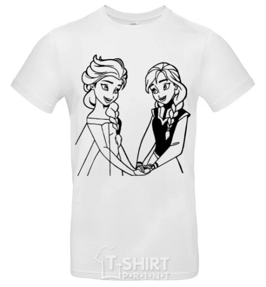 Men's T-Shirt Elsa and Anna holding hands White фото