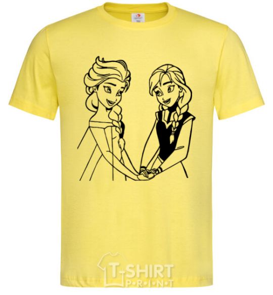 Men's T-Shirt Elsa and Anna holding hands cornsilk фото