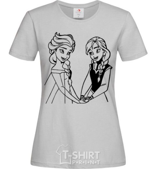 Women's T-shirt Elsa and Anna holding hands grey фото