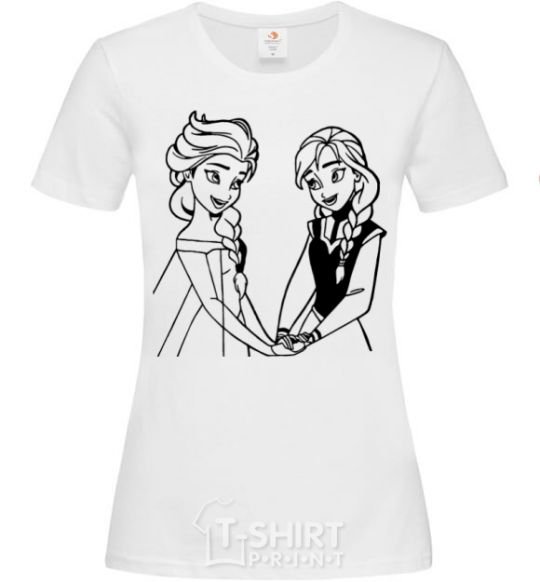 Women's T-shirt Elsa and Anna holding hands White фото