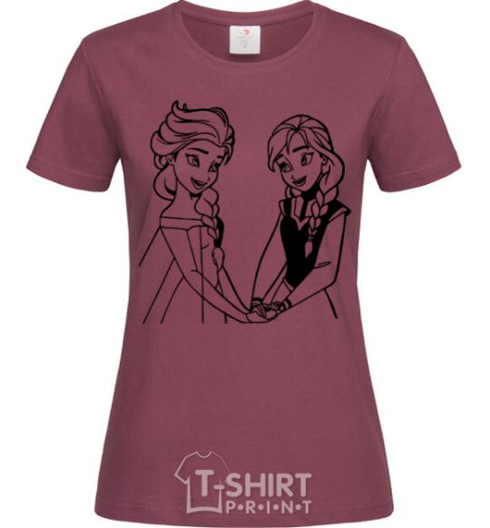 Women's T-shirt Elsa and Anna holding hands burgundy фото