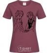 Women's T-shirt Elsa and Anna holding hands burgundy фото