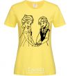 Women's T-shirt Elsa and Anna holding hands cornsilk фото