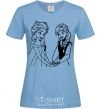 Women's T-shirt Elsa and Anna holding hands sky-blue фото