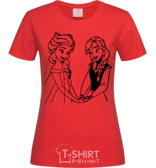 Women's T-shirt Elsa and Anna holding hands red фото