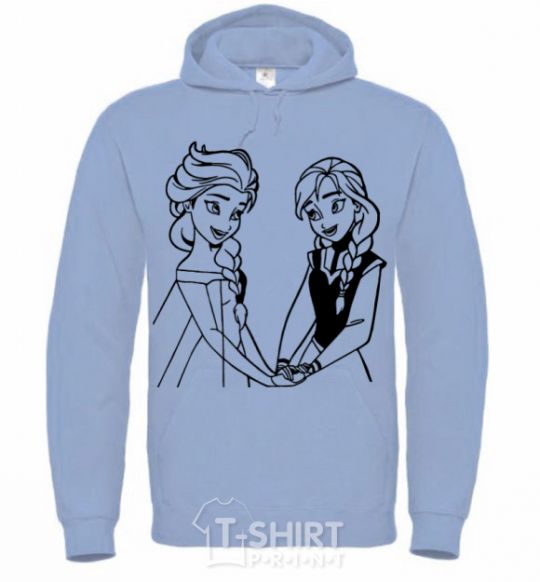 Men`s hoodie Elsa and Anna holding hands sky-blue фото