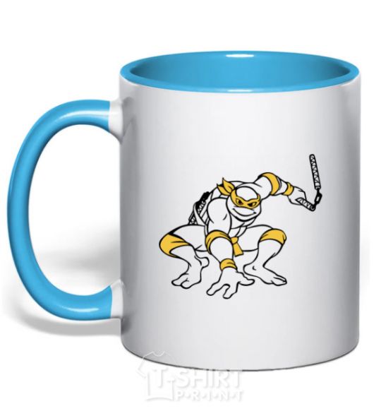 Mug with a colored handle Michelangelo attacks sky-blue фото