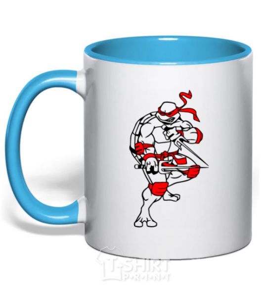 Mug with a colored handle Raphael fight sky-blue фото