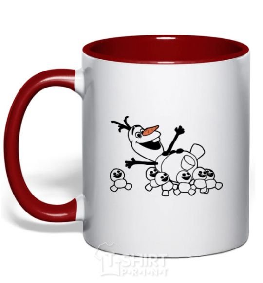 Mug with a colored handle Olaf and the snowmen red фото