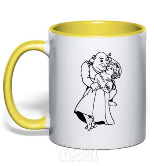 Mug with a colored handle Shrek and Fiona yellow фото