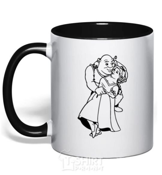 Mug with a colored handle Shrek and Fiona black фото