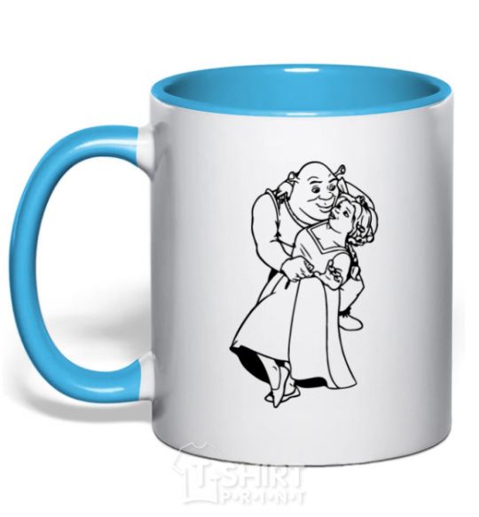 Mug with a colored handle Shrek and Fiona sky-blue фото