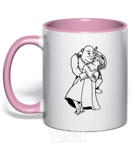 Mug with a colored handle Shrek and Fiona light-pink фото