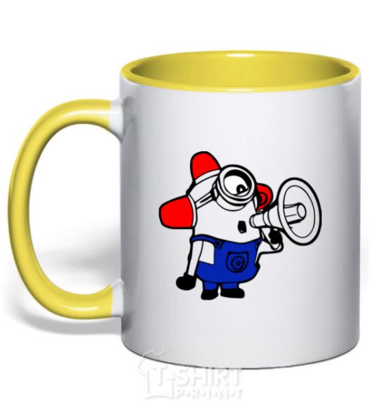 Mug with a colored handle Minion Attention yellow фото