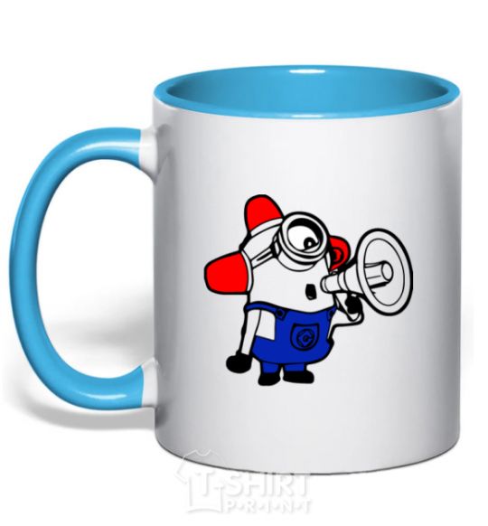 Mug with a colored handle Minion Attention sky-blue фото