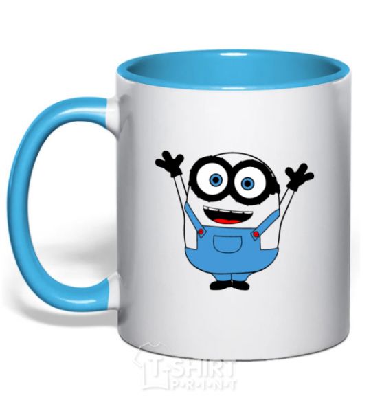 Mug with a colored handle A joyful minion sky-blue фото