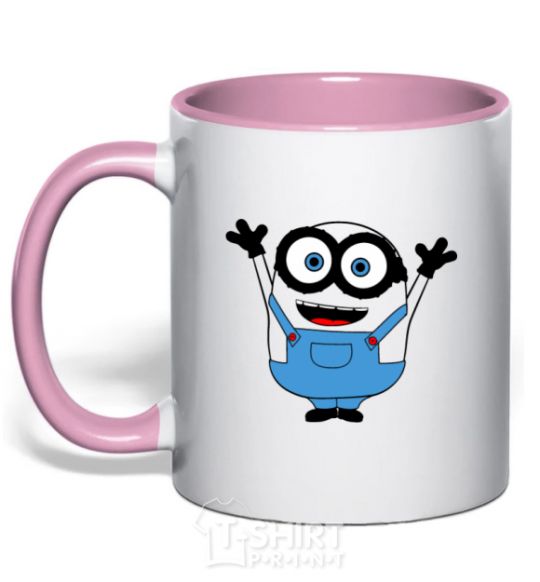 Mug with a colored handle A joyful minion light-pink фото