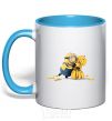 Mug with a colored handle A minion and a lot of bananas sky-blue фото