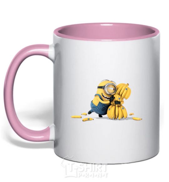 Mug with a colored handle A minion and a lot of bananas light-pink фото