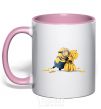 Mug with a colored handle A minion and a lot of bananas light-pink фото