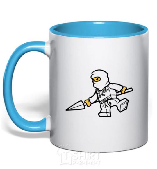 Mug with a colored handle A ninja with a spear sky-blue фото