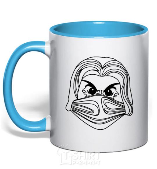 Mug with a colored handle Evil hero sky-blue фото