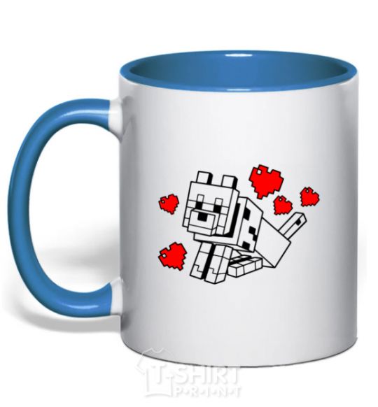 Mug with a colored handle A dog with hearts royal-blue фото