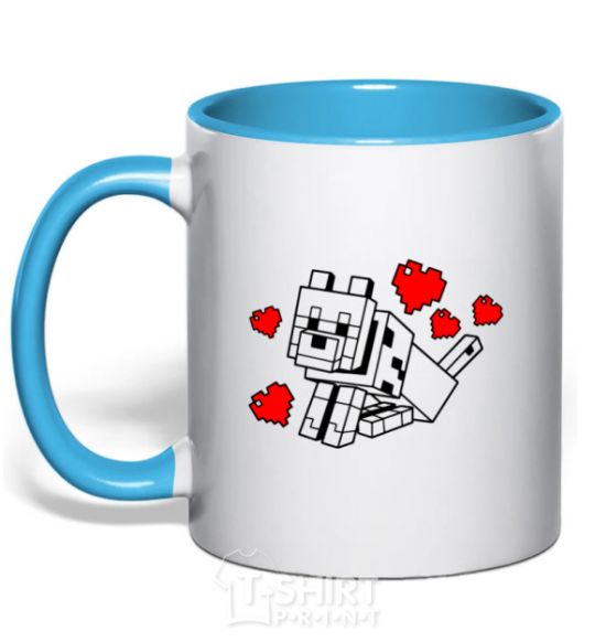 Mug with a colored handle A dog with hearts sky-blue фото