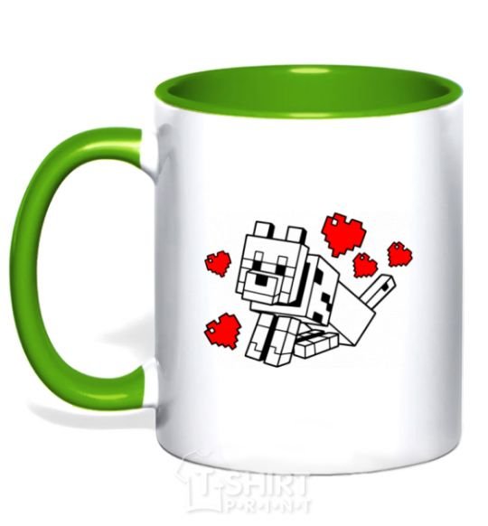 Mug with a colored handle A dog with hearts kelly-green фото