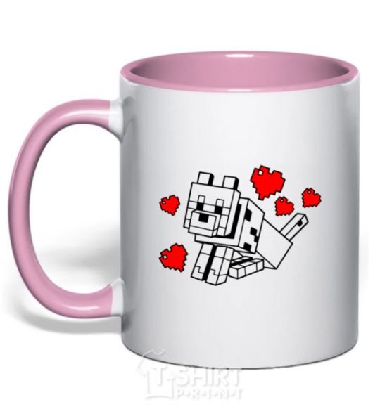 Mug with a colored handle A dog with hearts light-pink фото