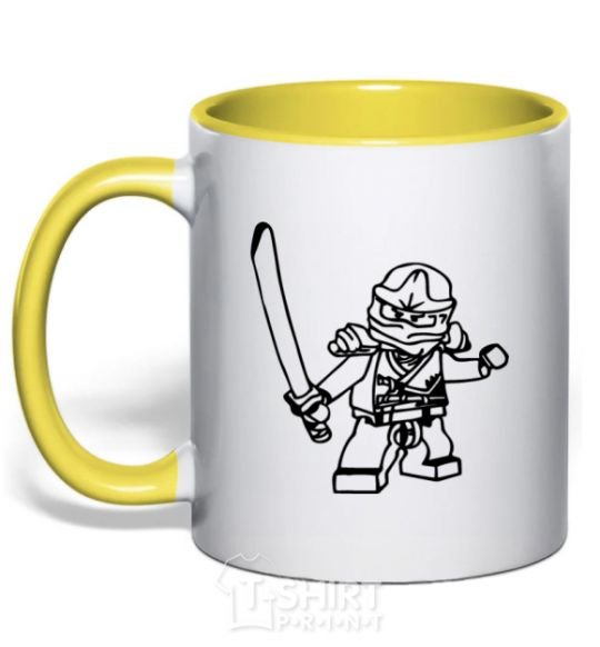 Mug with a colored handle Lego ninja with a sword yellow фото